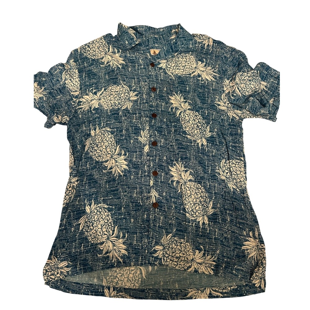 High Surf Mens Hawaiian Button Up Shirt L Blue Pineapple Vacation Summer Resort